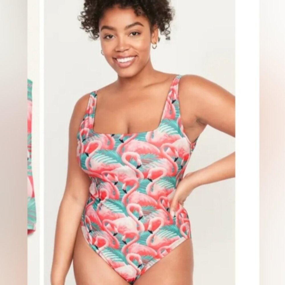 NWT Old Navy square neck one piece swimsuit flamingo‎ print L